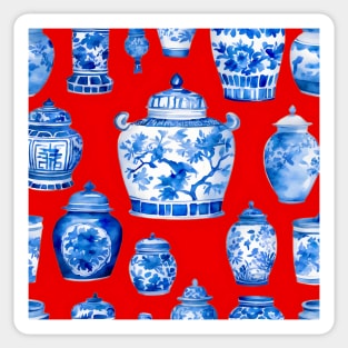 Blue and white chinoiserie jars on red Sticker